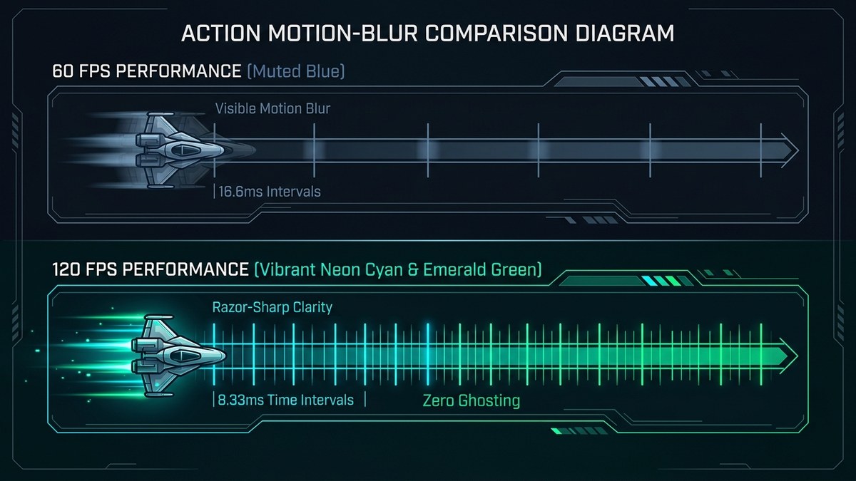 Motion vector clarity chart comparing 60 FPS motion blur vs 120 FPS smoothness Motion vector clarity chart comparing 60 FPS motion blur vs 120 FPS smoothness
