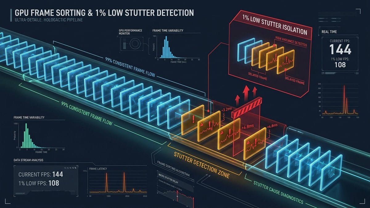 Infographic illustrating GPU frame sorting and 1% low micro-stutter isolation