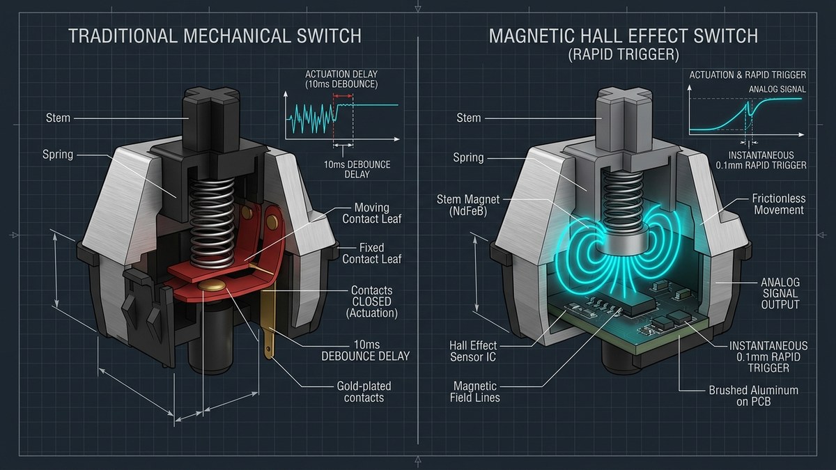 Technical cross-section schematic comparing traditional mechanical switches vs magnetic Hall Effect Rapid Trigger switches Technical cross-section schematic comparing traditional mechanical switches vs magnetic Hall Effect Rapid Trigger switches