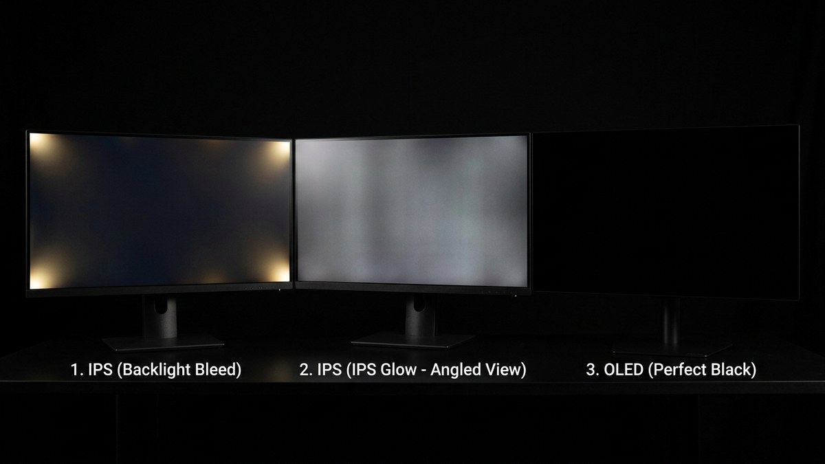 Visual comparison of monitor backlight bleed vs IPS glow viewing angle sheen vs OLED true black