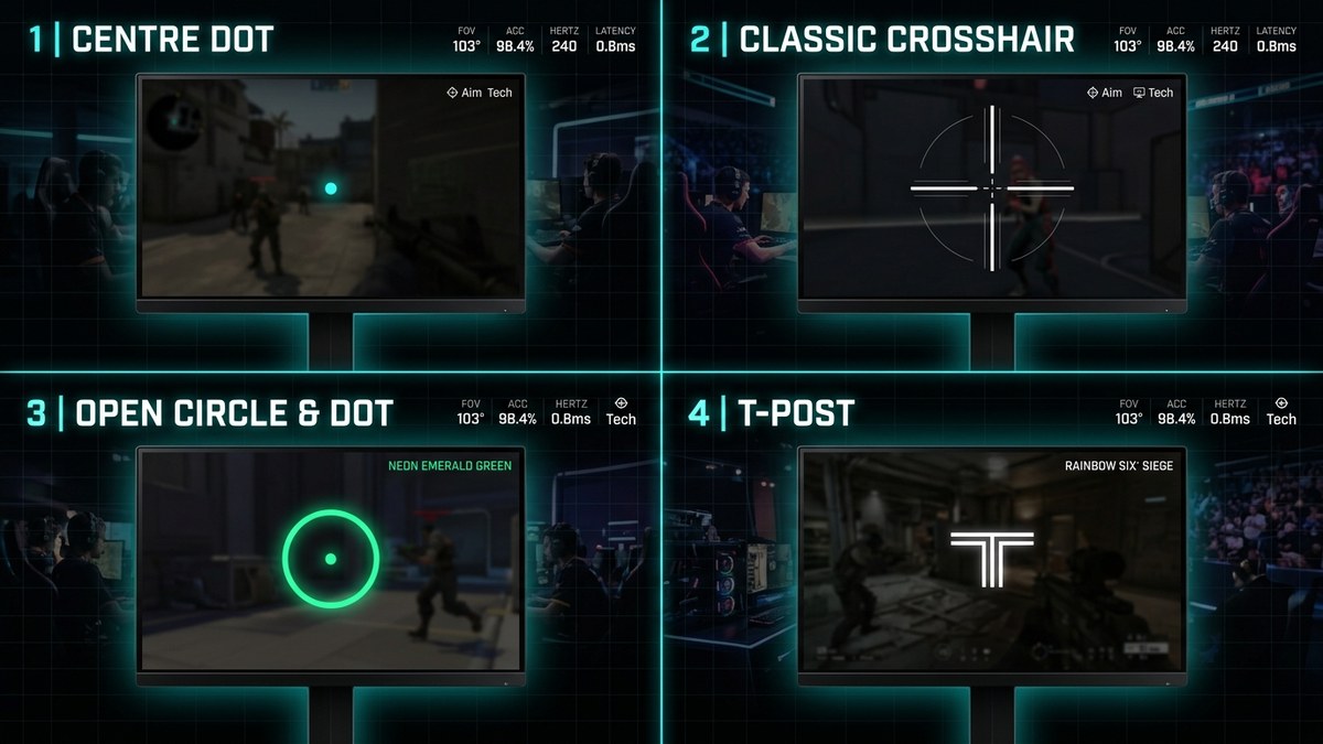 Visual comparison of 4 competitive gaming crosshair reticle archetypes