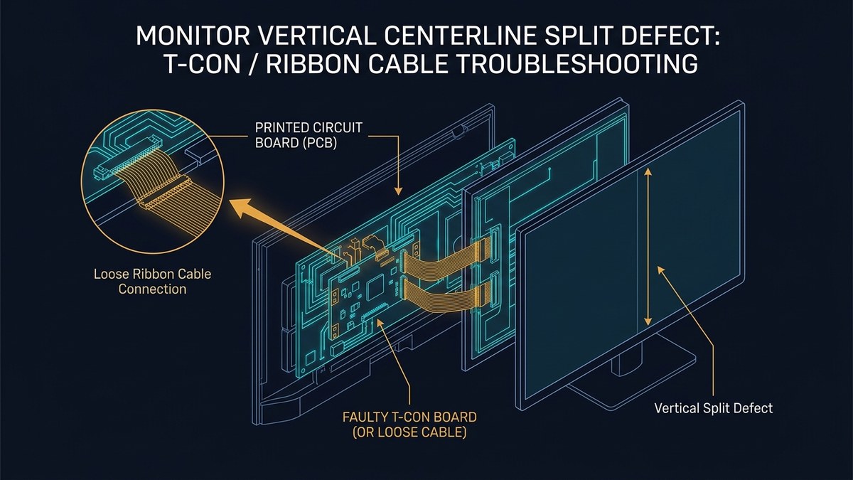 Troubleshooting hardware diagram for monitor vertical centerline split defects and T-Con ribbon cable faults