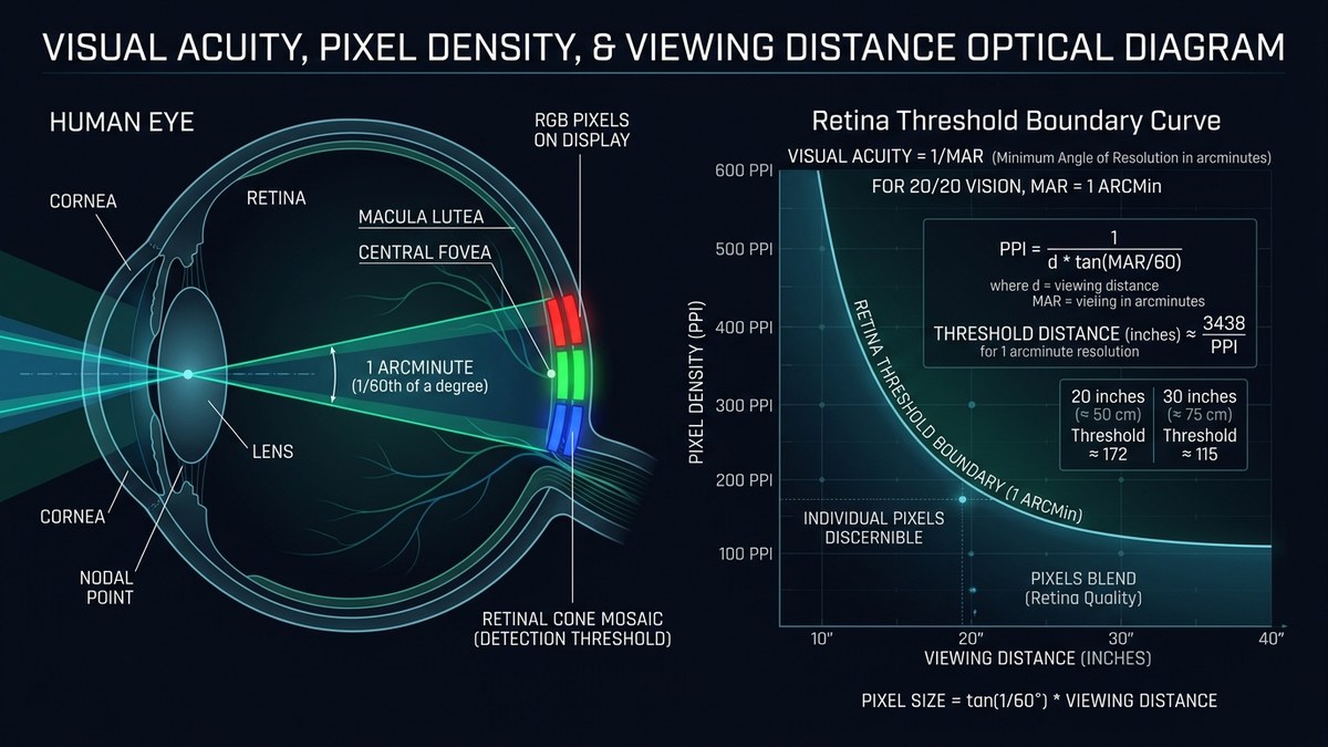 Visual acuity and pixel density optical diagram showing human eye retina threshold boundary curve