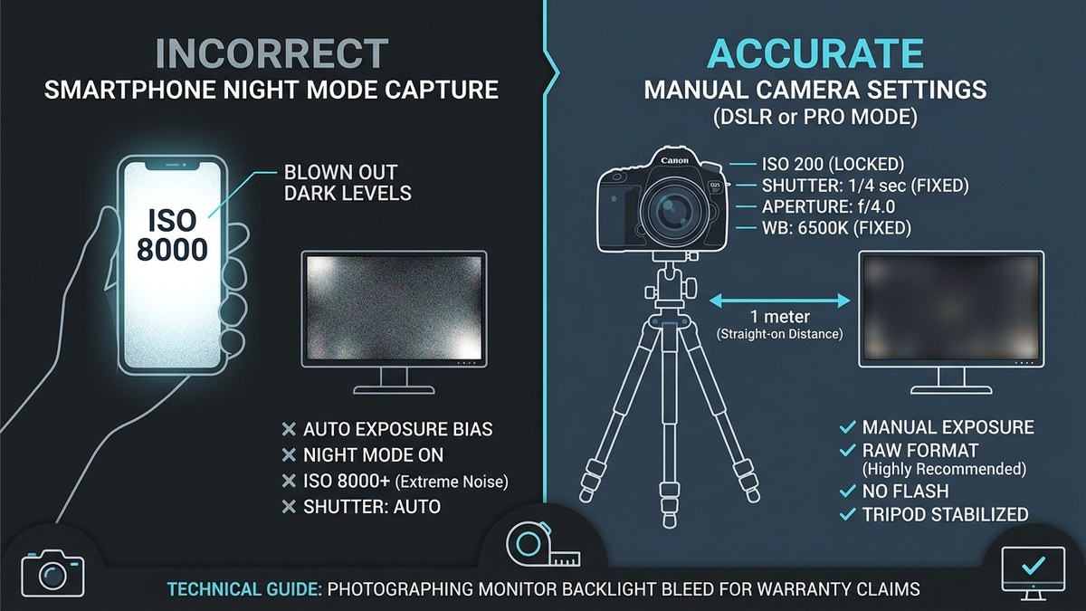 Camera calibration setup guide for photographing monitor screen bleeding for warranty RMA claims