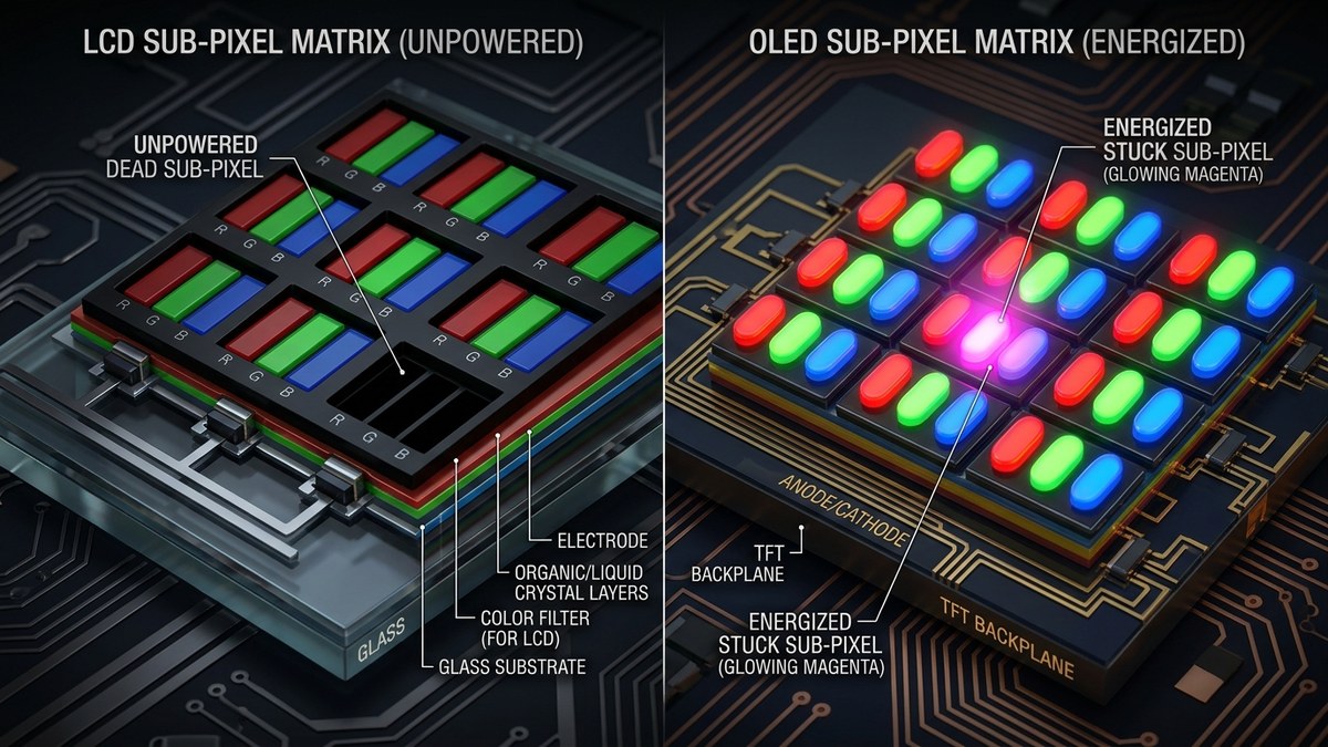 Microscopic sub-pixel schematic showing dead pixel unpowered transistor vs stuck energized sub-pixel diode